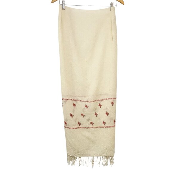 Cashmere Accessories - Cashmere Ivory Red Embroidery Lightweight Boho Cozy Blanket Scarf 72 x 24 inch